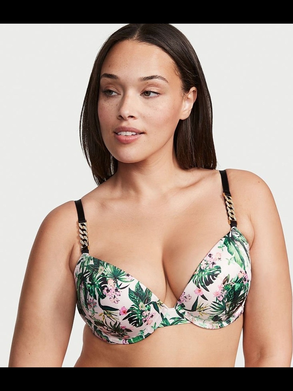 Floral Tropical Push-Up Bra with Chain Strap Detail - Pink & Green